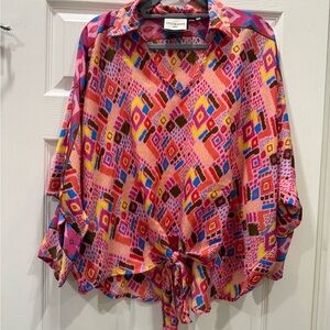 GOLD&SILVER PARIS Pink Multicolor Geometric Tie-Front Tunic